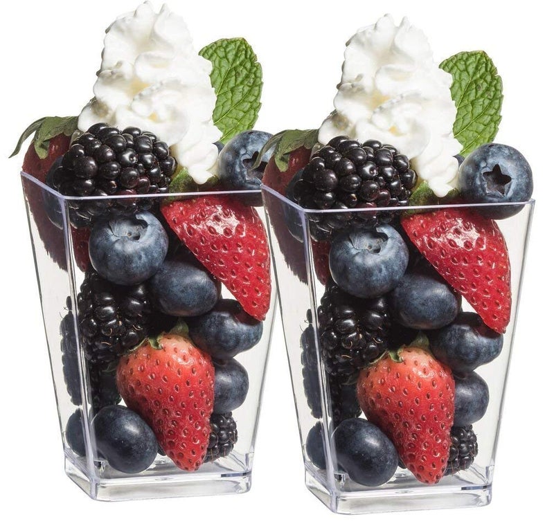 zappy 5 oz Tall Square Mini Dessert Cups 52 Parfait Shot Glasses Appetizer Bowls Trifle Bowl Clear Plastic Souffle Mousse Tall Square Shooter Dessert Tumbler Cups Tasting Party Cup 5oz Plastic Cups - Image 1