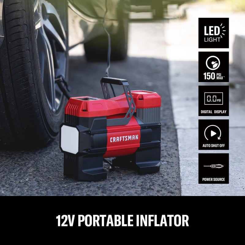 CRAFTSMAN 12V Tire Inflator Portable Air Compressor, Up to 150 PSI with Digital Gauge & Auto Shut-Off, LED Light, 12V DC Car Plug Compact Air Pump for Car Tires, Bikes & Sports - Image 2