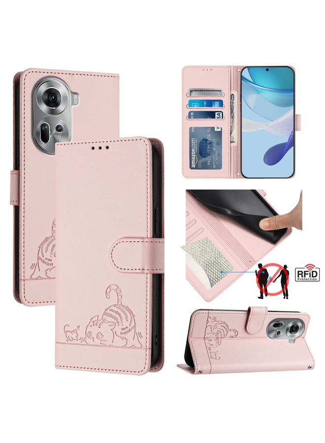 S-TOP Case For OPPO Reno11 5G Global Cat Rat Embossed Pattern RFID Leather Phone Case with Lanyard - Image 1