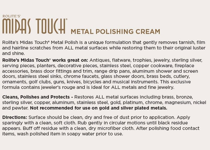 Rolite MTMPC45z Midas Touch Metal Polishing Cream, 4.5 Ounces, Non-Toxic Formula for Silver, Gold, Brass, Chrome, Copper, Restores Shine to All Metals, Cleaner and Polisher - Image 2