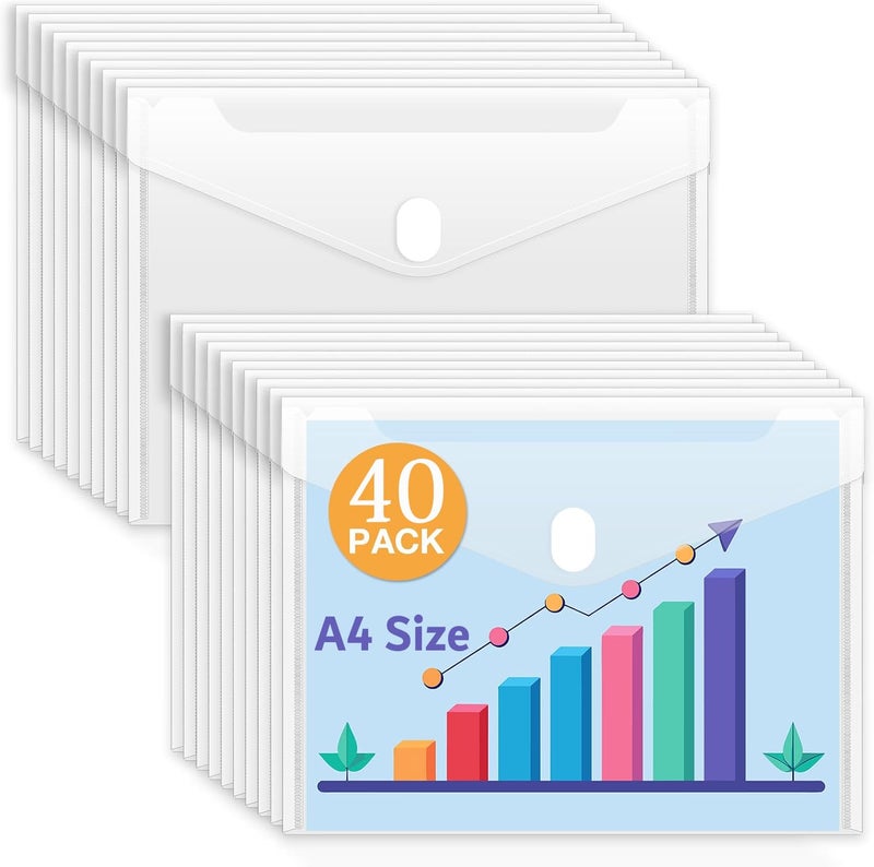 Campio A4 Document File Bag, Transparent Envelope Holder Storage Case, Snap Button Organizer, Clear Plastic Container for Papers, Stationery White, Pack of 40 - Image 1