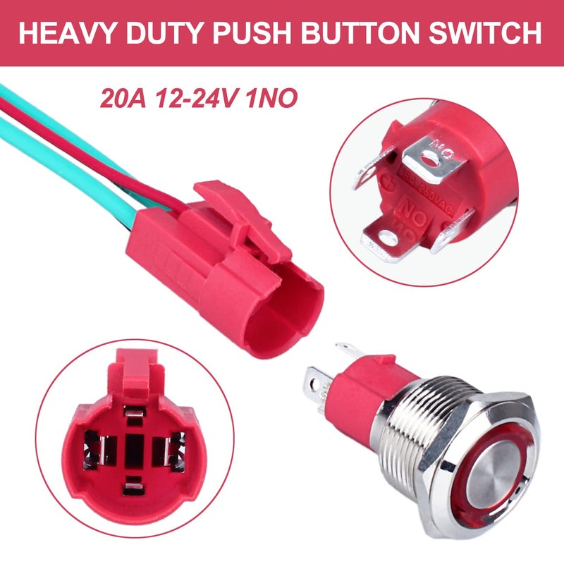 DMWD 19mm Heavy Duty Latching Metal Push Button Switch Waterproof Large Current 20Amp 12V-24V ON-OFF 1NO 4 Pins with Pre-wired Harness (Halo Ring Blue LED) - Image 3