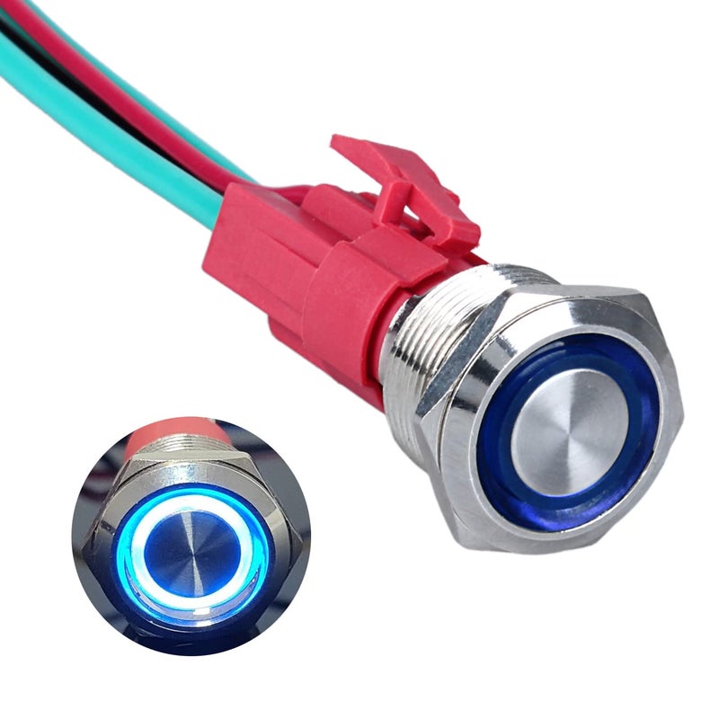 DMWD 19mm Heavy Duty Latching Metal Push Button Switch Waterproof Large Current 20Amp 12V-24V ON-OFF 1NO 4 Pins with Pre-wired Harness (Halo Ring Blue LED) - Image 1