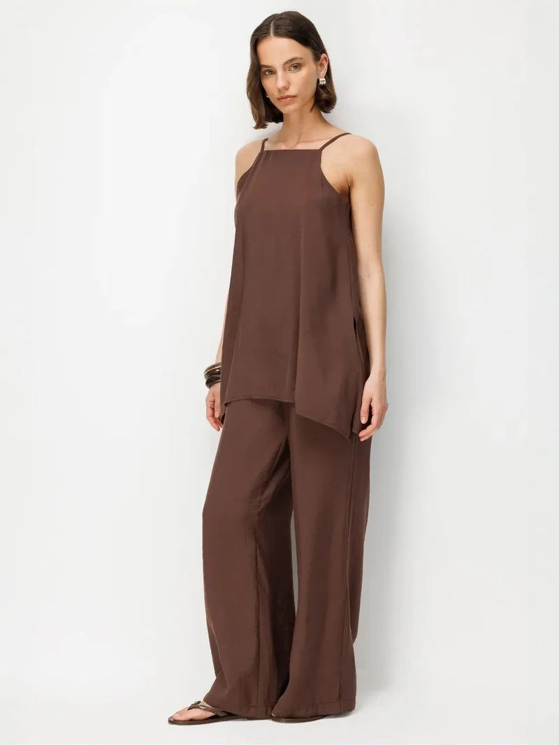 Mixray Chestnut Brown MIXRAY Wide-Leg Halter Jumpsuit for Women | Best Price UAE