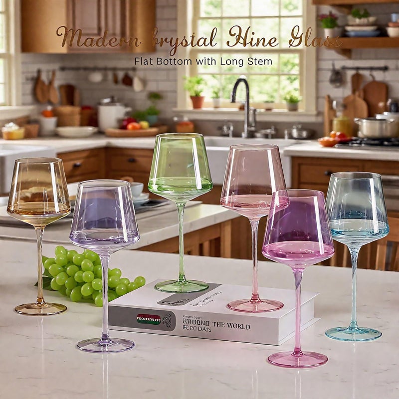 Physkoa Colored Wine Glasses Set 6-16oz Colorful Wine Glass With Tall Long Stem&Flat Bottom,Colored Stemmed Wine Goblet, Wine Gifts for Women Mom Wife Friend - Image 3