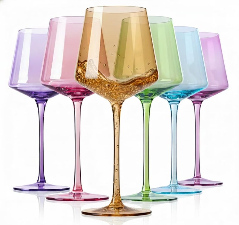 Physkoa Colored Wine Glasses Set 6-16oz Colorful Wine Glass With Tall Long Stem&Flat Bottom,Colored Stemmed Wine Goblet, Wine Gifts for Women Mom Wife Friend - Image 1