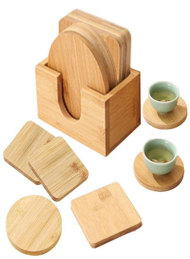 GCFTIFF 6 pcs Coaster Set Holder Included,Natural Bamboo Coffee Beer Coaster, Drink Cup Coasters Set for Tabletop Protection,Suitable for Kinds of Cups,Housewarming Gift (3 Round & 3 quadrate) - Image 1