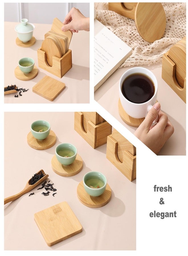 GCFTIFF 6 pcs Coaster Set Holder Included,Natural Bamboo Coffee Beer Coaster, Drink Cup Coasters Set for Tabletop Protection,Suitable for Kinds of Cups,Housewarming Gift (3 Round & 3 quadrate) - Image 3