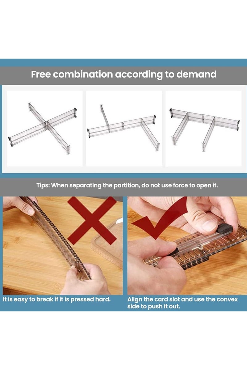 قواسم الأدراج منظمات، قابلة للتوسيع من 10 إلى 21 بوصة منظم درج المطبخ، أدخنة بلاستيكية فاصلة، فاصل قابل للضبط مع أطراف الرغوة للملابس، أواني المطبخ والمكتب (4 عبوات) - Image 4