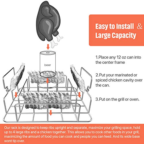 RUSFOL Beercan Chicken Roaster and Rib Rack with a Silicone Oil Brush, Square Stainless Steel BBQ Stand for Smoker,Oven and Grill, Cook Up to 4 Ribs and a Whole Chicken at a time - Image 4