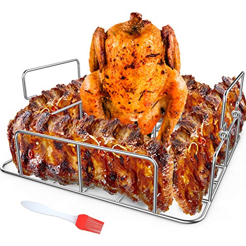 RUSFOL Beercan Chicken Roaster and Rib Rack with a Silicone Oil Brush, Square Stainless Steel BBQ Stand for Smoker,Oven and Grill, Cook Up to 4 Ribs and a Whole Chicken at a time - Image 1