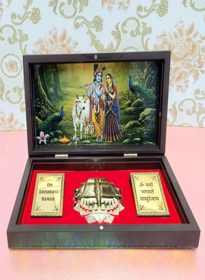 ARNAVIRA Radha Krishna Photo Frame with Charan Paduka Pocket Temple for Diwali Gift, House Warming Gifts, Return Gift Puja Box (Brown Photo, Radha Krishna) - Image 1