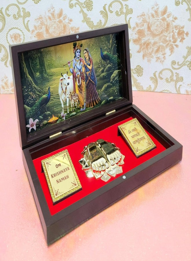 ARNAVIRA Radha Krishna Photo Frame with Charan Paduka Pocket Temple for Diwali Gift, House Warming Gifts, Return Gift Puja Box (Brown Photo, Radha Krishna) - Image 2
