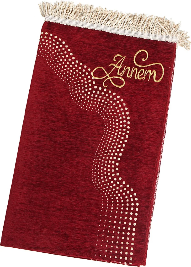 ايهفان اونلاين Personalized Name Embroidered Mihrab Patterned Plain Chenille Prayer Rug Claret Red