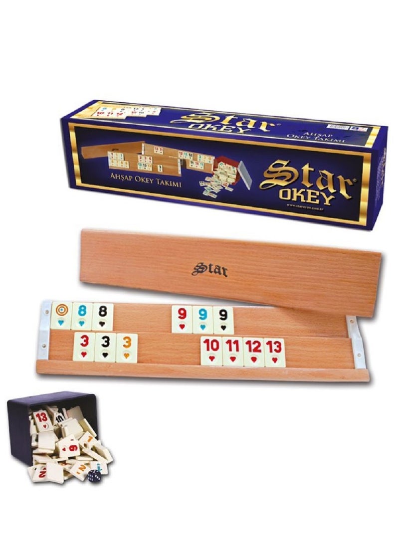 Star Wood Rummy Set, Classic Tabletop Game for Adults, Star Okey Full Set with 108 Pieces, Portable, Includes 4 Racks, 104 Tiles, Tile Container, Box - Image 1