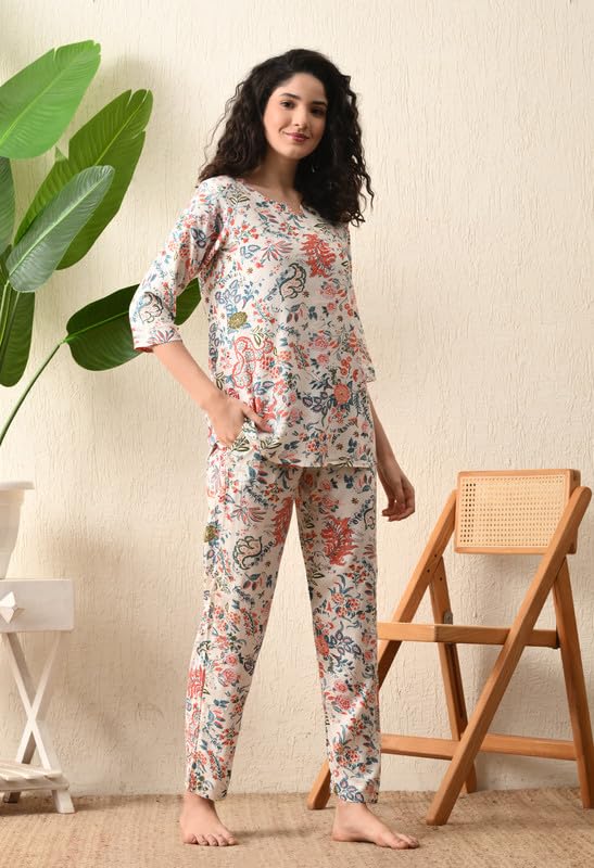 Ichaa Women's Rayon White Jungle Printed Top and Pyjama Night Wear Night Suit or Lounge Wear Set - Image 4