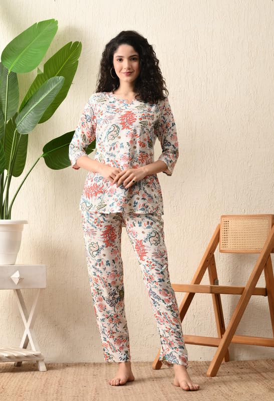 Ichaa Women's Rayon White Jungle Printed Top and Pyjama Night Wear Night Suit or Lounge Wear Set - Image 2