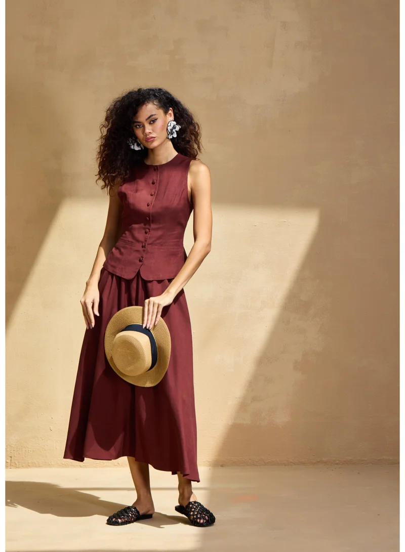 Ashita Fernandes Chloe Linen-Blend Sleeveless Top – Deep Maroon