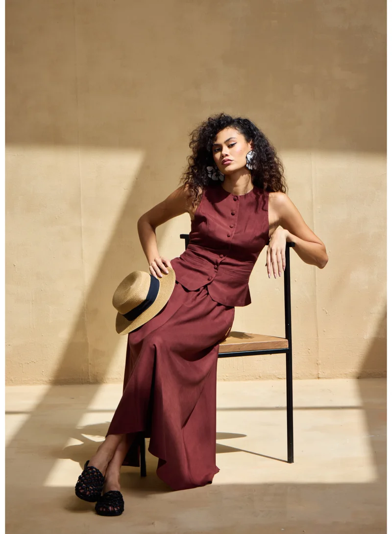Ashita Fernandes Chloe Linen-Blend Sleeveless Top – Deep Maroon