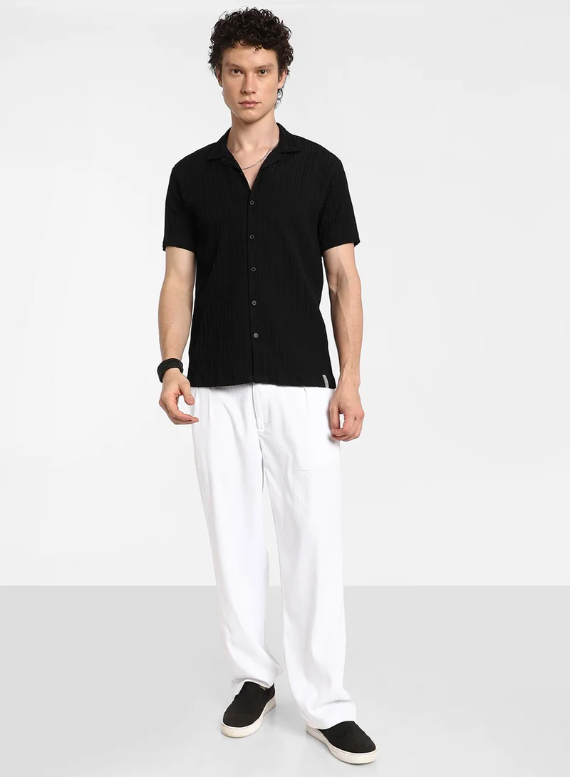 Campus Sutra Men's Onyx Black Self-Design Striped Shirt