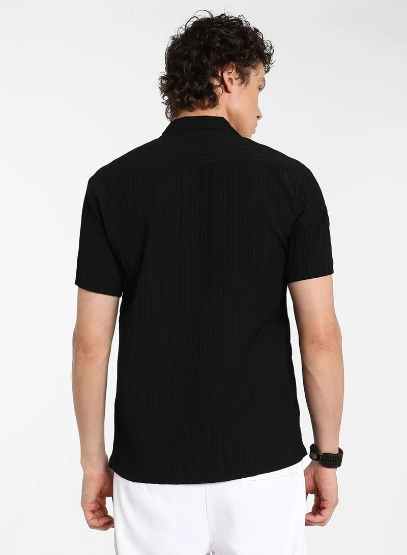 Campus Sutra Men's Onyx Black Self-Design Striped Shirt