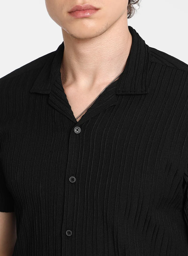 Campus Sutra Men's Onyx Black Self-Design Striped Shirt