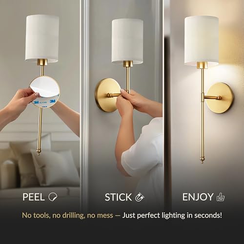 PRIDOLA Set of 2 Wireless Wall Sconces StickOn or Screw Mount for Easy Installation with Rechargeable LED Bulbs Remote Controlled Adjustable Brightness Warmth Vintage Wall Decor Gold - Image 3
