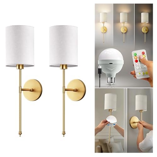 PRIDOLA Set of 2 Wireless Wall Sconces StickOn or Screw Mount for Easy Installation with Rechargeable LED Bulbs Remote Controlled Adjustable Brightness Warmth Vintage Wall Decor Gold - Image 1