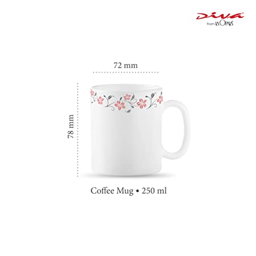 La Opala Diva, Opal Glass Coffee Mug Set Cylinder Medium 6 pcs, Grace Red, White,Standard - Image 2