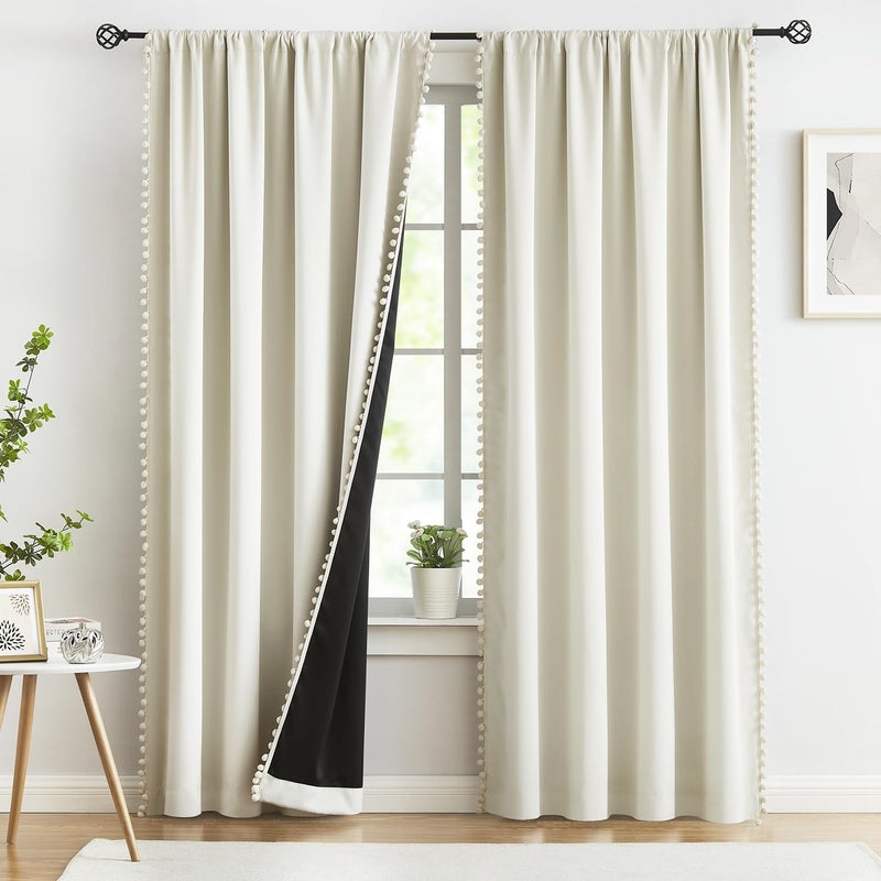 Treatmentex Natural Blackout Curtains for Bedroom Living Room 90inch Long Iovry/Beige Pom Pom Curtain Panels for Windows Thermal Insulated Curtains for Kids Nursery Room Rod Pocket 52"" W x 2pcs - Image 2