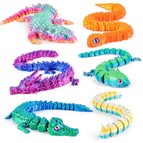 3Dgenius 3D Printed Animals 3D Printed Toys Articulated Large 3D Printed Animal Figurines Fidget Toys with Snake Dragon Crocodile Gecko Lizard Caterpillar Perfect for Home Dcor Gift 6Pack1 - Image 1