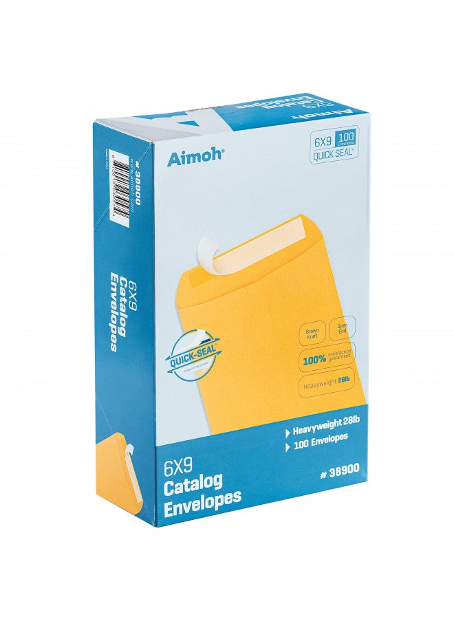 Aimoh 100 6 x 9 Self-Seal Brown Kraft Catalog Envelopes - 28lb, 100 Count, Ultra Strong Quick-Seal, 6x9 inch (38900) - Image 1
