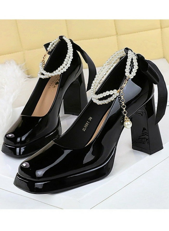BIGTREE Womens Patent Leather Platform Chunky High Heel Square Closed Toe Ankle Strap Beaded Decoration Pumps Black 9CM - Image 1