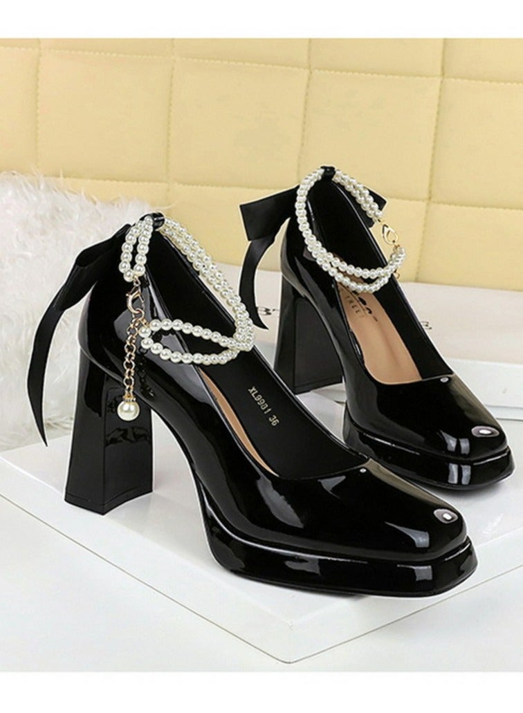 BIGTREE Womens Patent Leather Platform Chunky High Heel Square Closed Toe Ankle Strap Beaded Decoration Pumps Black 9CM - Image 2