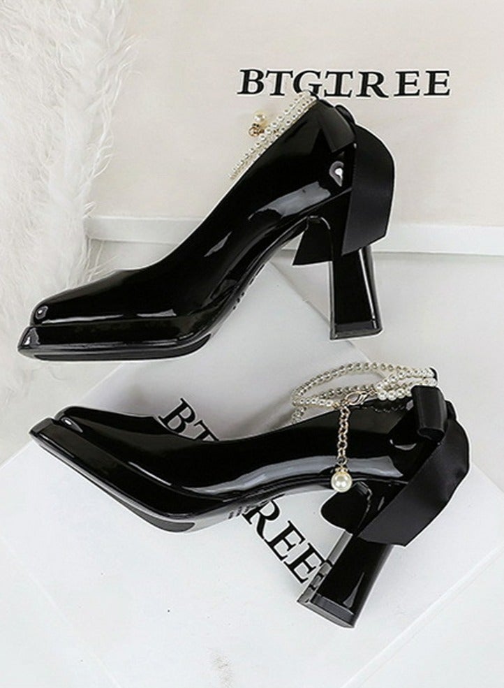 BIGTREE Womens Patent Leather Platform Chunky High Heel Square Closed Toe Ankle Strap Beaded Decoration Pumps Black 9CM - Image 3