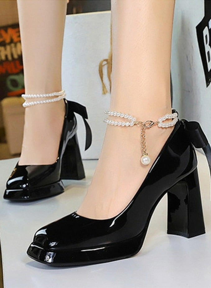 BIGTREE Womens Patent Leather Platform Chunky High Heel Square Closed Toe Ankle Strap Beaded Decoration Pumps Black 9CM - Image 4