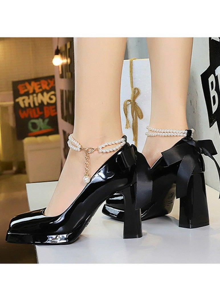 BIGTREE Womens Patent Leather Platform Chunky High Heel Square Closed Toe Ankle Strap Beaded Decoration Pumps Black 9CM - Image 5