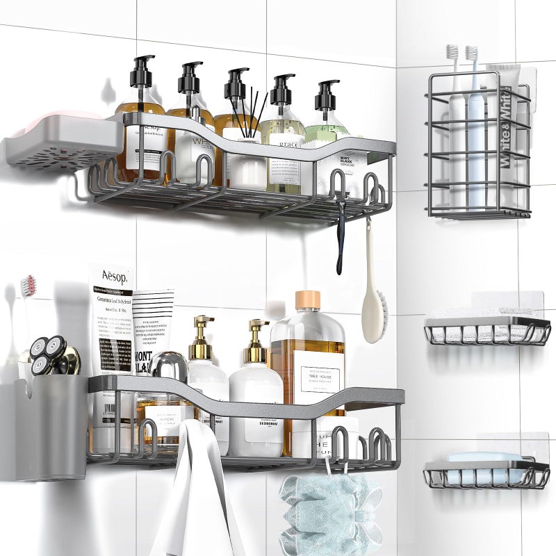 NESOMI Shower Caddy Adhesive Shower Organizer 7-Pack, Rustproof Stainless Steel Bathroom Shelves, Large Capacity No-Drill Rack Storage Accessories with Soap Dish Toothbrush Holder Hooks - Image 1