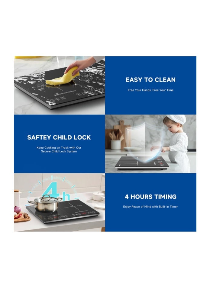 amzchef Double Induction Cooktop, Portable 2 Burner Induction Stove with 20 Temperature and Power Levels, Dual Burner Electric Stove Top with Timer and Safety Lock, Compatible with Magnetic Cookware - Image 5