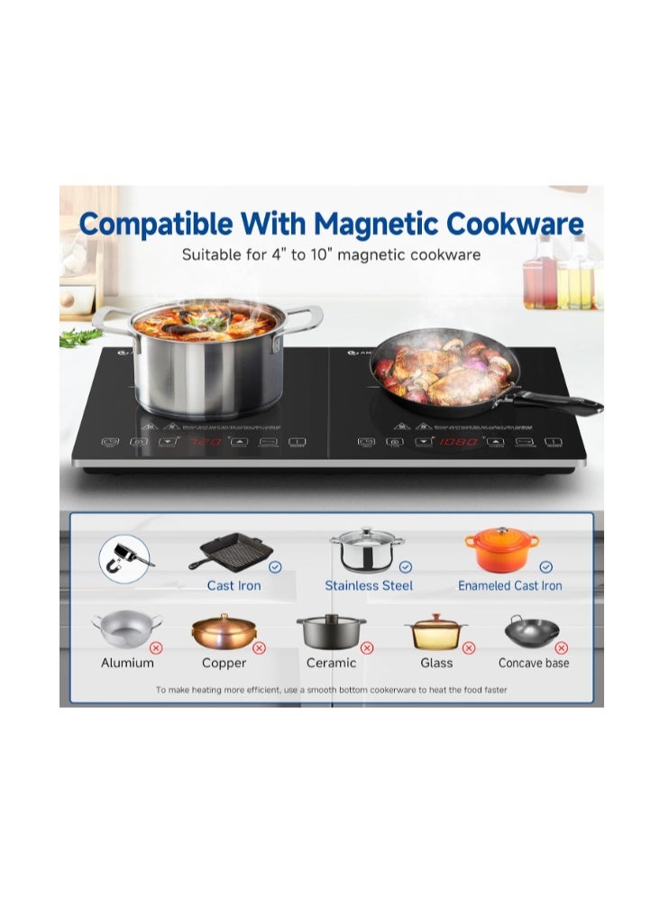 amzchef Double Induction Cooktop, Portable 2 Burner Induction Stove with 20 Temperature and Power Levels, Dual Burner Electric Stove Top with Timer and Safety Lock, Compatible with Magnetic Cookware - Image 3