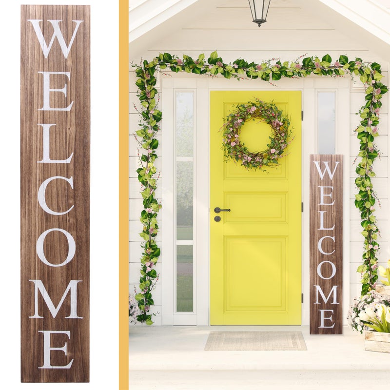 ALBEN Premium Extra Large Welcome Sign for Front Door Porch â€“ 5 Feet Tall (58" x 11") Standing Vertical Wooden Sign, Indoor Home Decor Wall Decorations (Brown) - Image 1