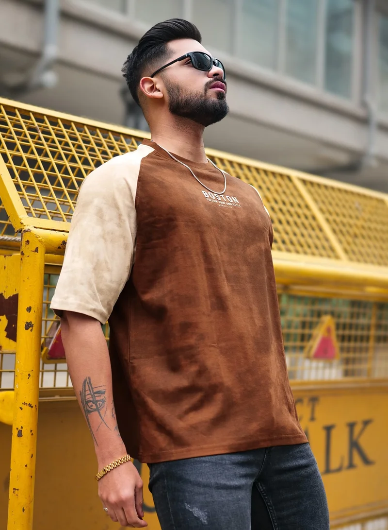 Maniac Maniac Mens Printed Round Neck 3/4th Sleeve Half Butterscotch Cotton T-Shirt
