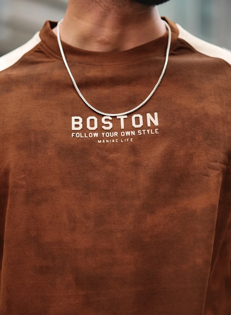 Maniac Maniac Mens Printed Round Neck 3/4th Sleeve Half Butterscotch Cotton T-Shirt