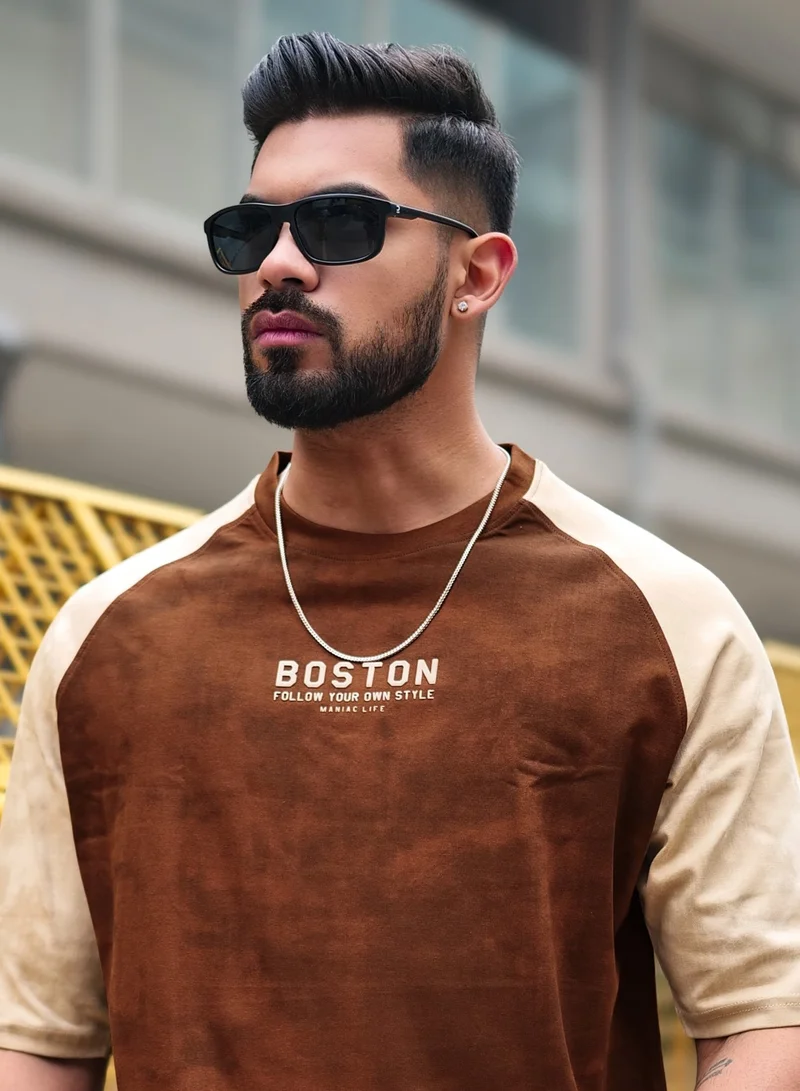 Maniac Maniac Mens Printed Round Neck 3/4th Sleeve Half Butterscotch Cotton T-Shirt