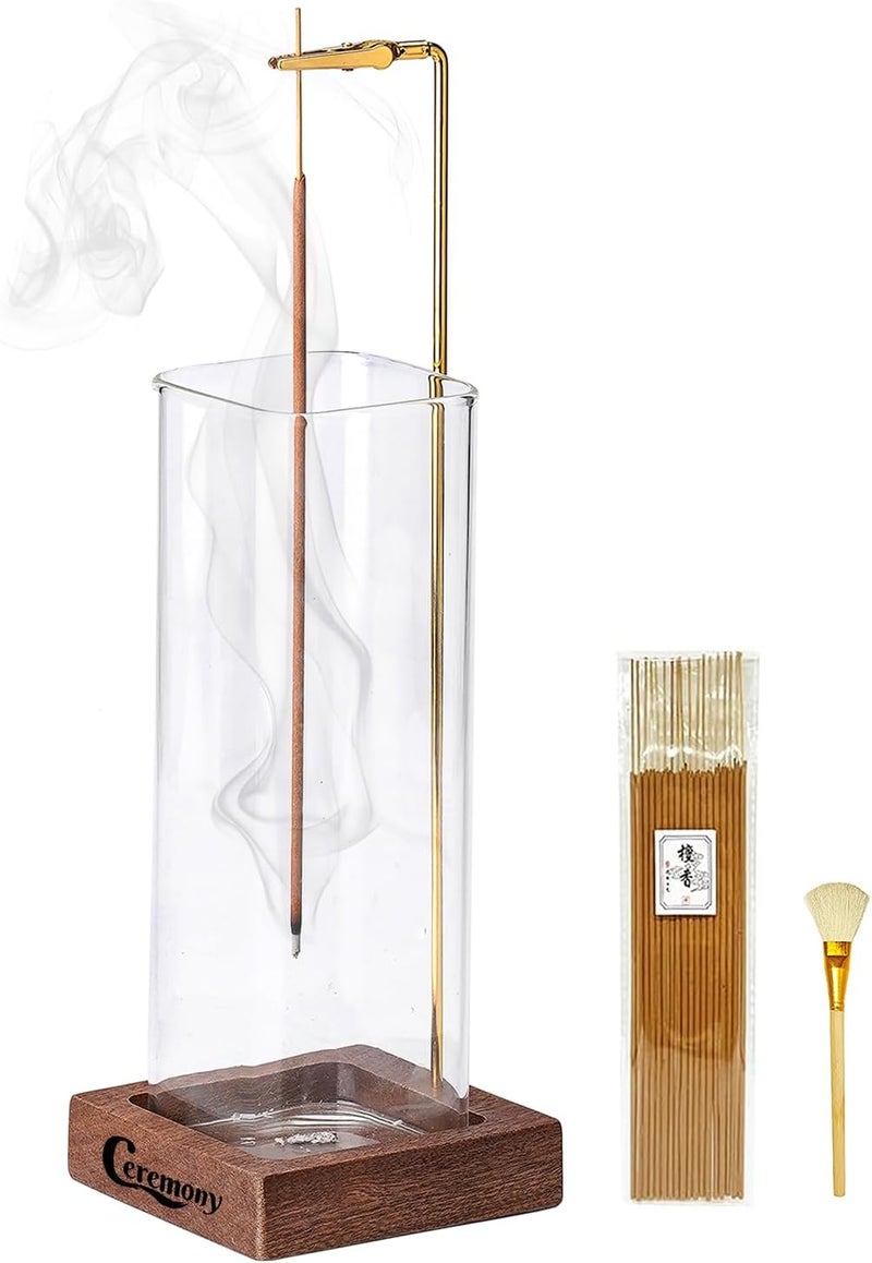 Ceremony Incense Holder, Wooden Incense Holder for Sticks with Glass Ash Catcher, Anti-ash Incense Burner with 20 Incense Sticks and a Ash Brush for Meditation Yoga Spa Room Decor - Image 1