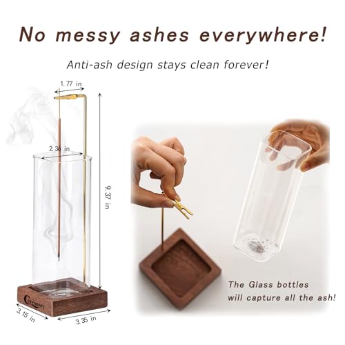 Ceremony Incense Holder, Wooden Incense Holder for Sticks with Glass Ash Catcher, Anti-ash Incense Burner with 20 Incense Sticks and a Ash Brush for Meditation Yoga Spa Room Decor - Image 2