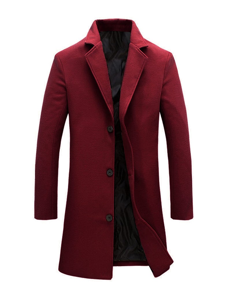 UANEO Mens Wool Blend Trench Coat Notch Lapel Camel Pea Coats Winter Overcoat (WineRed-L) - Image 1