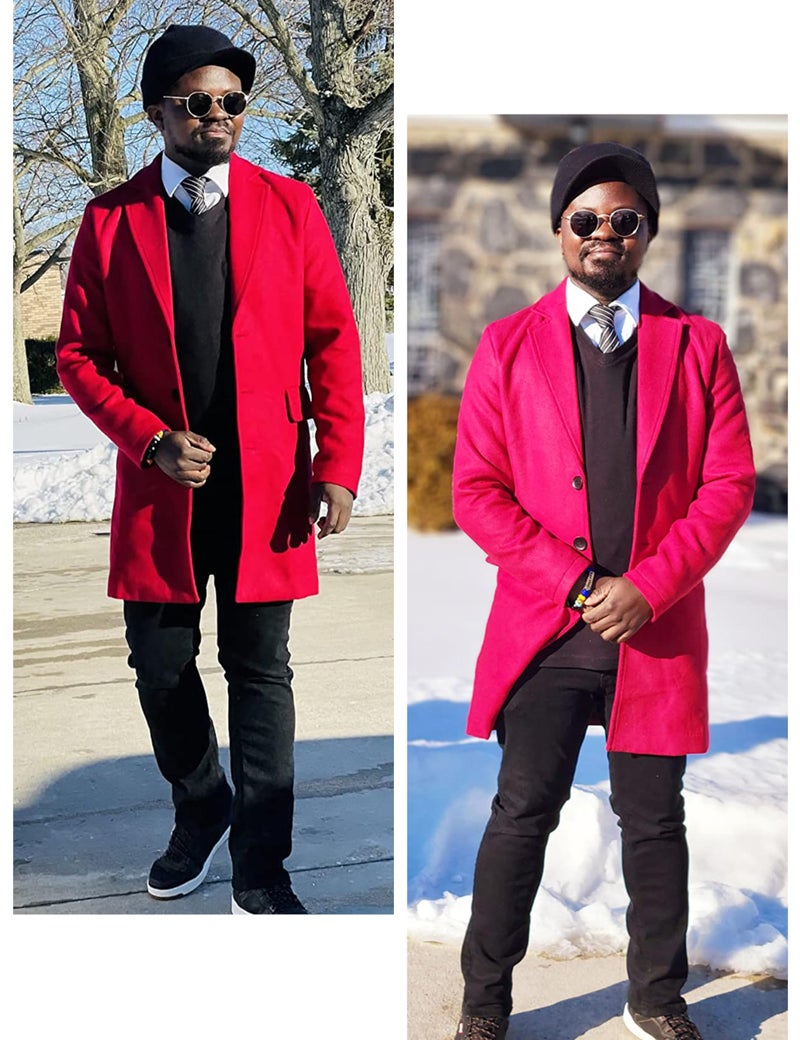 UANEO Mens Wool Blend Trench Coat Notch Lapel Camel Pea Coats Winter Overcoat (WineRed-L) - Image 5