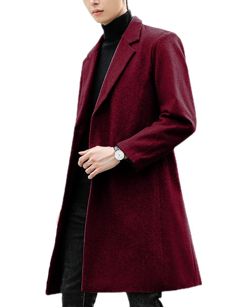 UANEO Mens Wool Blend Trench Coat Notch Lapel Camel Pea Coats Winter Overcoat (WineRed-L) - Image 3