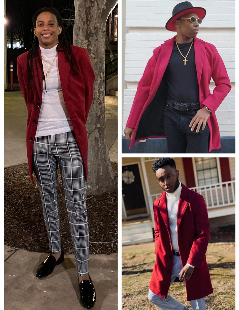 UANEO Mens Wool Blend Trench Coat Notch Lapel Camel Pea Coats Winter Overcoat (WineRed-L) - Image 4